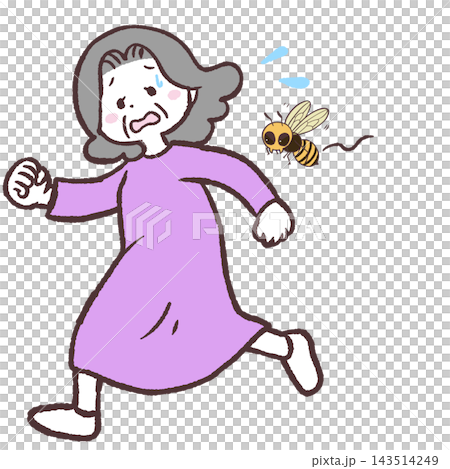 Illustration of a senior woman being chased by bees Illustration of a senior woman being chased by bees 143514249