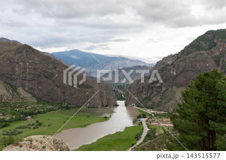 Scenic view of the river gorge and majestic rocky mountains in Gunib Scenic view of the river gorge and majestic rocky mountains in Gunib 143515577