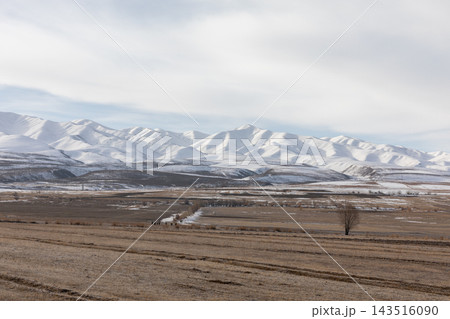 Snow covered mountain range above rural winter valley and agricultural fields Snow covered mountain range above rural winter valley and agricultural fields 143516090