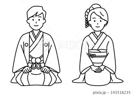 座って挨拶する着物の男女の線画 座って挨拶する着物の男女の線画 143516235