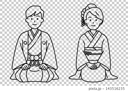 座って挨拶する着物の男女の線画 座って挨拶する着物の男女の線画 143516235