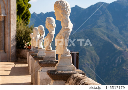 Terrace of Infinity, a beautiful belvedere with marble busts inside the iconic Villa Cimbrone, historic villa in Ravello, on the Amalfi Coast Terrace of Infinity, a beautiful belvedere with marble busts inside the iconic Villa Cimbrone, historic villa in Ravello, on the Amalfi Coast 143517179