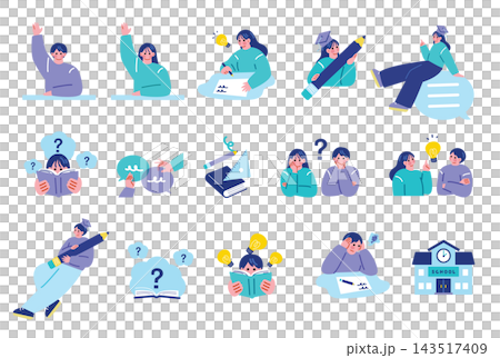 A set of illustrations of students studying. 143517409