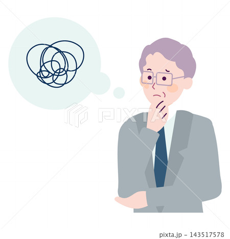 考えがまとまらず困っているシニア男性の上半身イラスト 考えがまとまらず困っているシニア男性の上半身イラスト 143517578
