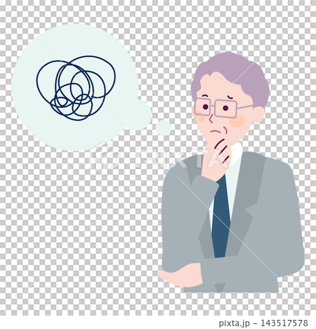 考えがまとまらず困っているシニア男性の上半身イラスト 考えがまとまらず困っているシニア男性の上半身イラスト 143517578