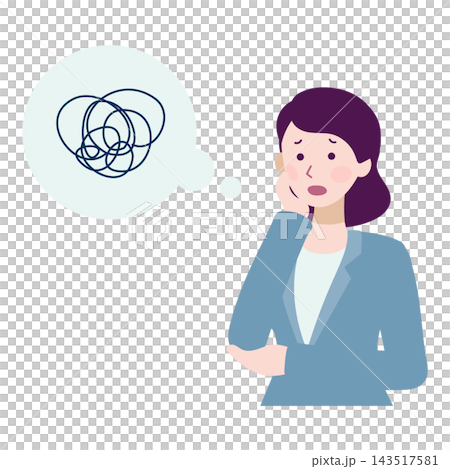 一幅描繪女商人上半身的插圖,她正在努力整理思緒。 一幅描繪女商人上半身的插圖,她正在努力整理思緒。 143517581