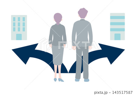 2つの会社から進路を選ぶシニア男女のビジネスパーソンのイラスト 2つの会社から進路を選ぶシニア男女のビジネスパーソンのイラスト 143517587