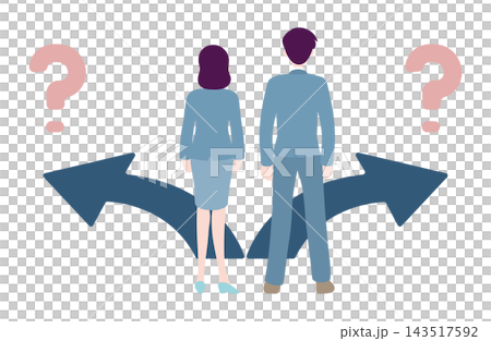 一幅插圖,描繪了一位男性和一位女性商務人士面臨兩種選擇,卻不知該選擇哪條路。 一幅插圖,描繪了一位男性和一位女性商務人士面臨兩種選擇,卻不知該選擇哪條路。 143517592