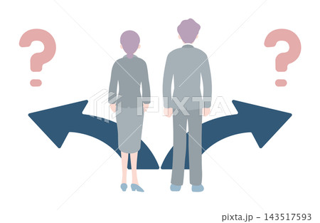 2つの選択肢を前にどちらに進むか迷うシニア男女のイラスト 2つの選択肢を前にどちらに進むか迷うシニア男女のイラスト 143517593