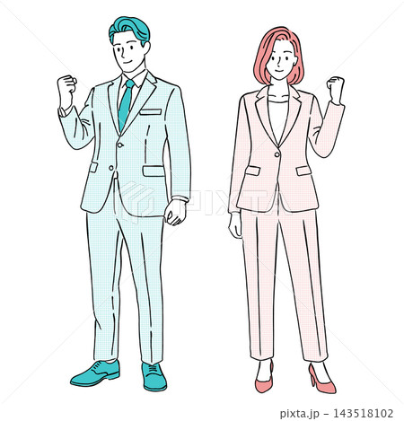 ガッツポーズをするスーツ姿の男女のシンプルなビジネスイラストセット(やる気、成功、求人、全身、線画) ガッツポーズをするスーツ姿の男女のシンプルなビジネスイラストセット(やる気、成功、求人、全身、線画) 143518102