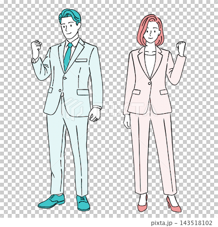 A set of simple business illustrations of a man and woman in suits making a victory pose (motivation, success, job hunting, full body, line art). 143518102