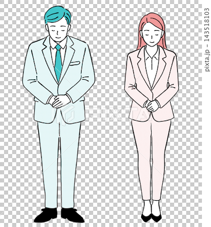 一組簡單的商務插圖,描繪了身著西裝的男士和女士鞠躬的場景(問候、鞠躬、感謝、道歉、全身像、線條畫)。 一組簡單的商務插圖,描繪了身著西裝的男士和女士鞠躬的場景(問候、鞠躬、感謝、道歉、全身像、線條畫)。 143518103