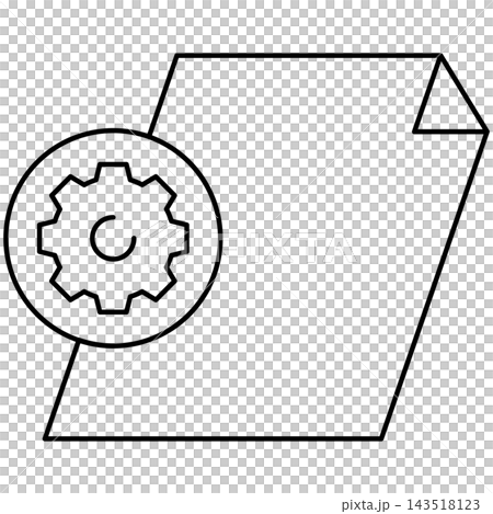 Line art style icon illustration of a paper document with gear settings badge symbol isolated on transparent background. Minimalist thin line element for document setup UI. Line art style icon illustration of a paper document with gear settings badge symbol isolated on transparent background. Minimalist thin line element for document setup UI. 143518123