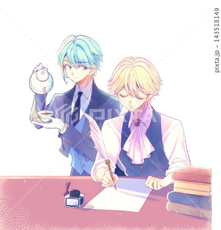 羽ペンで書く貴族風の金髪の少年とお茶を淹れる執事　二次元キャラ　イメージ 143518149