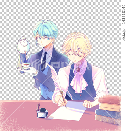 A blonde, aristocratic-looking boy writing with a quill pen, and a butler brewing tea. (2D character image) 143518149