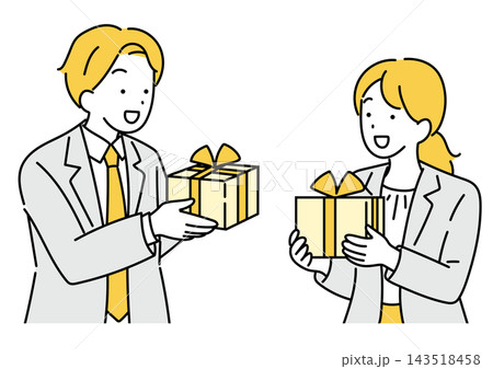 プレゼントを渡す会社員男女のイラスト プレゼントを渡す会社員男女のイラスト 143518458