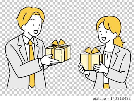 プレゼントを渡す会社員男女のイラスト プレゼントを渡す会社員男女のイラスト 143518458