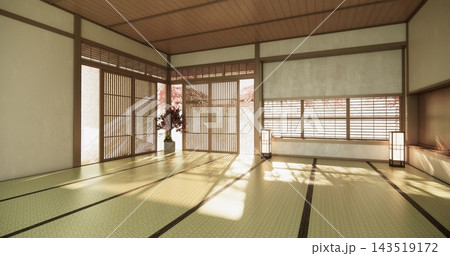 Autumn concept on Japanese room with white wall with maple wood wall design Evokes a sense of warmth, fall background. 3d rendering Autumn concept on Japanese room with white wall with maple wood wall design Evokes a sense of warmth, fall background. 3d rendering 143519172