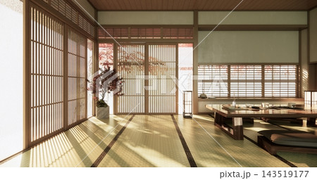Low table Japanese-style living room evokes the feeling of spring with sunlight streaming into the space.3D rendering Low table Japanese-style living room evokes the feeling of spring with sunlight streaming into the space.3D rendering 143519177