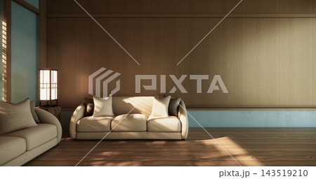 The long bench in the Japanese-style mint living room evokes the feeling of spring with sunlight streaming into the space.3D rendering 143519210