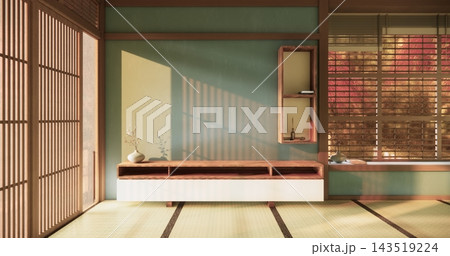Autumn, Blue mint Japanese room with tatami mats on the floor and cabinet decor.3D rendering Autumn, Blue mint Japanese room with tatami mats on the floor and cabinet decor.3D rendering 143519224