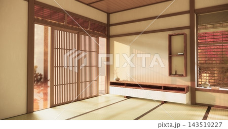 Autumn, Japanese style Japanese room with tatami mats on the floor and cabinet decor.3D rendering Autumn, Japanese style Japanese room with tatami mats on the floor and cabinet decor.3D rendering 143519227