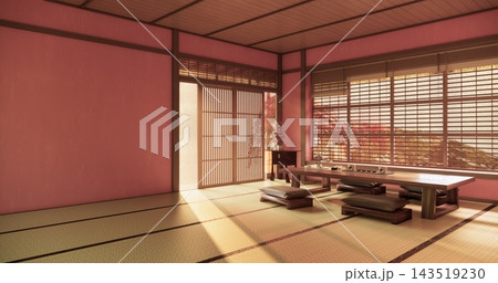 Red color Empty muji, minimal japanese wooden room interior ,minimal style.3D rendering Red color Empty muji, minimal japanese wooden room interior ,minimal style.3D rendering 143519230