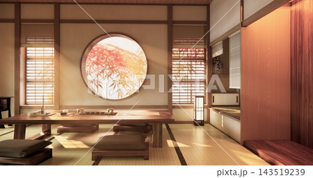 Red color Empty muji, minimal japanese wooden room interior ,minimal style.3D rendering 143519239