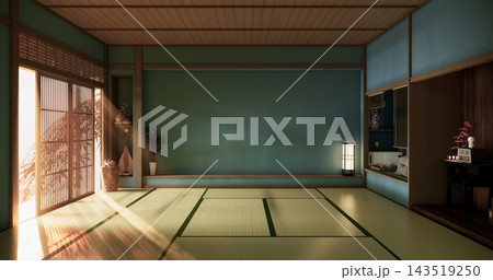 Autumn, Blue mint Japanese room with tatami mats on the floor and cabinet decor.3D rendering Autumn, Blue mint Japanese room with tatami mats on the floor and cabinet decor.3D rendering 143519250