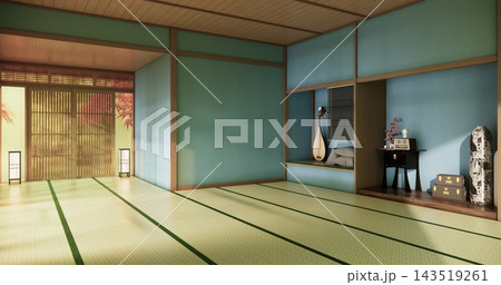 Autumn, Blue mint Japanese room with tatami mats on the floor and cabinet decor.3D rendering Autumn, Blue mint Japanese room with tatami mats on the floor and cabinet decor.3D rendering 143519261