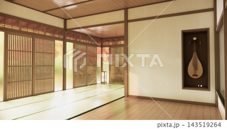 Autumn, Japanese style circular window and Japanese room with tatami mats on the floor and cabinet decor.3D rendering Autumn, Japanese style circular window and Japanese room with tatami mats on the floor and cabinet decor.3D rendering 143519264