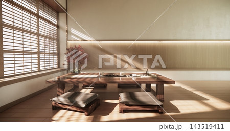 Autumn concept on Japanese room with white wall with maple wood wall design Evokes a sense of warmth, fall background. 3d rendering 143519411