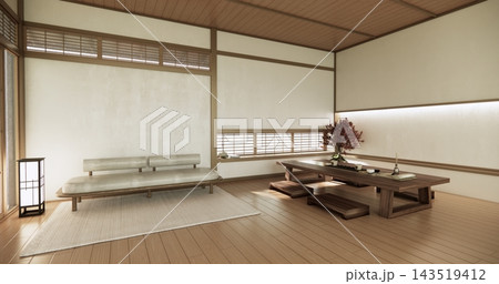 Autumn concept on Japanese room with white wall with maple wood wall design Evokes a sense of warmth, fall background. 3d rendering 143519412
