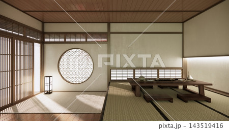 Low table Japanese-style living room evokes the feeling of spring with sunlight streaming into the space.3D rendering Low table Japanese-style living room evokes the feeling of spring with sunlight streaming into the space.3D rendering 143519416