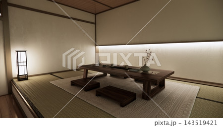 Low table Japanese-style living room evokes the feeling of spring with sunlight streaming into the space.3D rendering Low table Japanese-style living room evokes the feeling of spring with sunlight streaming into the space.3D rendering 143519421