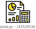 グラフの書類と電卓が並んだ黄色のアイコン 143520536