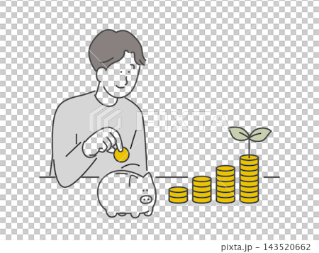 一幅男子將硬幣放入存錢筒的插圖。 一幅男子將硬幣放入存錢筒的插圖。 143520662
