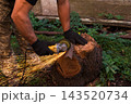 Man in protective gloves cutting metal with an angle grinder outdoors, bright sparks flying. Concept of manual labour, home workshop, DIY metalwork and work safety. 143520734