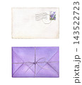 Lavender envelope tied with a twine bow and vintage postcard with a floral postage stamp and postmark. Hand-painted watercolor illustration for wedding invitations, stationery and greeting cards 143522723