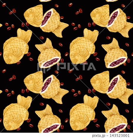 たい焼きのシームレスパターン　手描き水彩イラスト素材 143523001