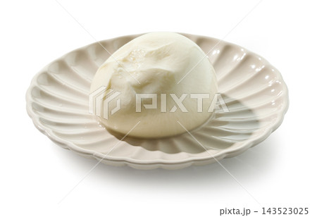 fresh italian burrata cheese on decorative plate isolated on white 143523025