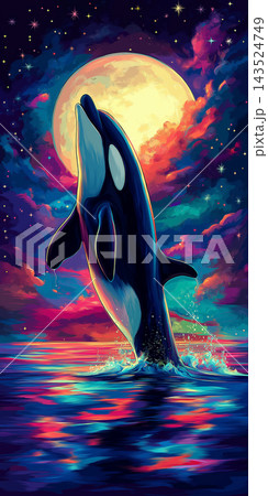 Orca jumping under the moon with stars, ocean, and colorful sky in a stunning night scene 143524749