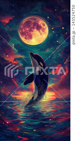 Orca leaps under moonlit sky in colorful ocean fantasy with stars and nature. 143524750