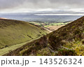 Overcast view from hillside over green rolling valley and distant patchwork farmland 143526324