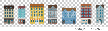 フラットイラスト:カラフルな欧風建物セット フラットイラスト:カラフルな欧風建物セット 143526398