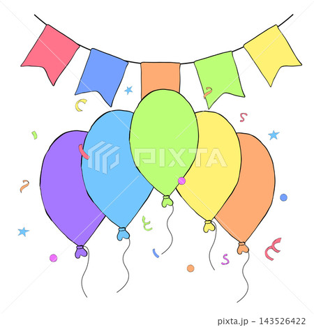 party balloons, decorative garlands, confetti Happy birthday composition colored hand drawn illustration. Vector graphic line ink art. For logo, web, package, sticker. textile, cards. party balloons, decorative garlands, confetti Happy birthday composition colored hand drawn illustration. Vector graphic line ink art. For logo, web, package, sticker. textile, cards. 143526422