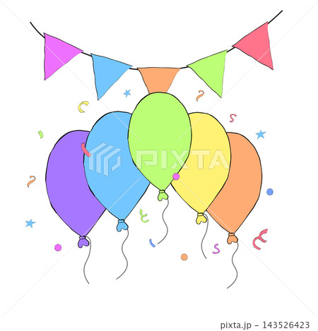 garland, balloons and confetti Happy birthday composition colored hand drawn illustration. Vector graphic line ink art. Perfect for logo, branding, packaging, labels, and modern decor design. garland, balloons and confetti Happy birthday composition colored hand drawn illustration. Vector graphic line ink art. Perfect for logo, branding, packaging, labels, and modern decor design. 143526423