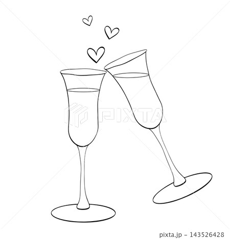champagne glasses with hearts composition Black and white hand drawn illustration. Vector graphic line ink art. Silhouette sign for logo, print, comics, fashion, pop art, boards, design, stickers 143526428