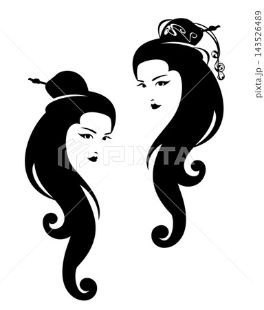 asian fantasy beautiful woman with long hair black and white vector head portrait asian fantasy beautiful woman with long hair black and white vector head portrait 143526489