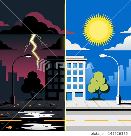 The image shows a split-screen vector illustration, with a dark, stormy night scene on the left and a bright, sunny day scene on the right 143526586